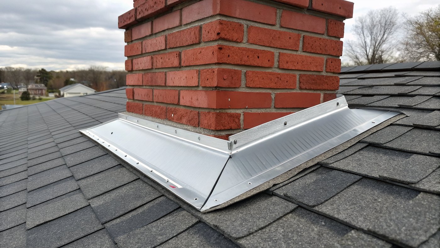 New silver metal flashing installed around a brick chimney on an asphalt shingle roof