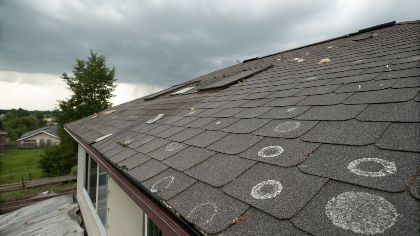 Asphalt shingle roof with hail impact marks and missing shingles after a storm