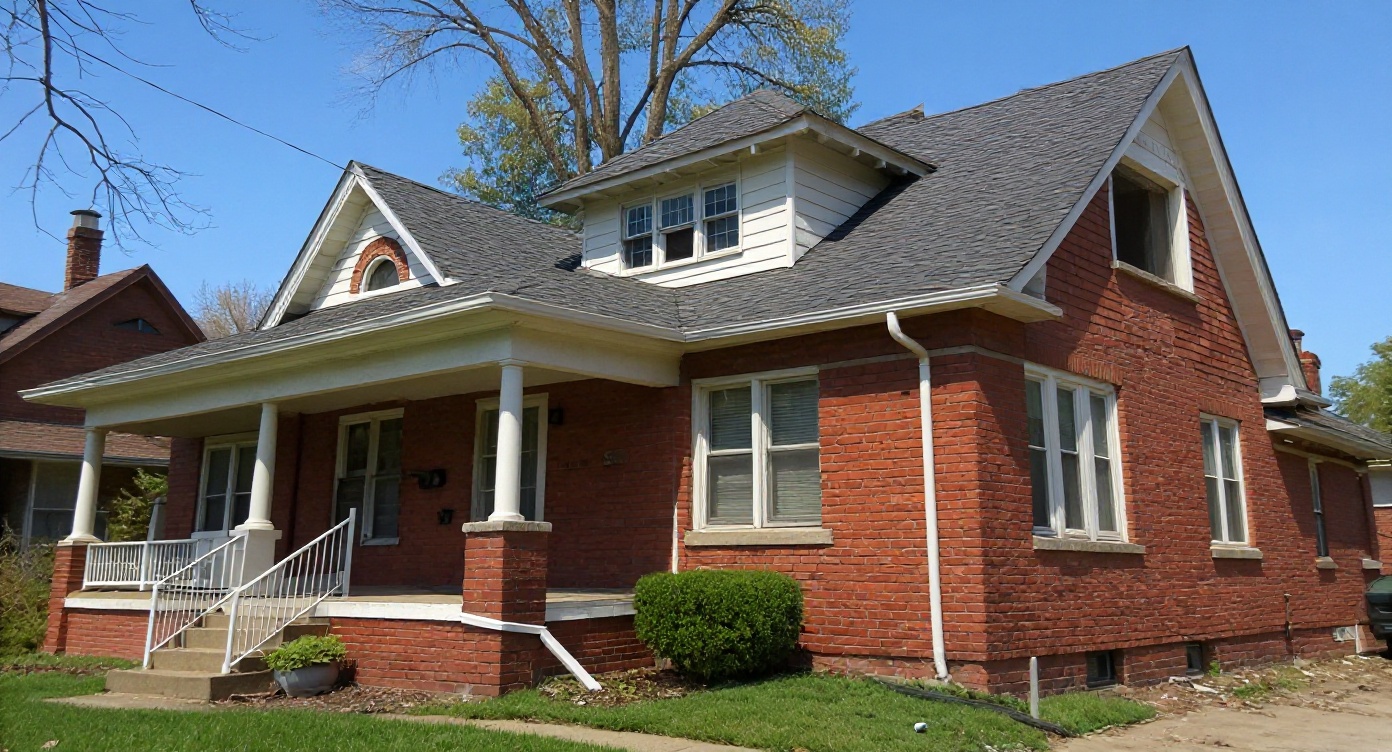 Same Chicago brick bungalow with brand new charcoal architectural shingle roof after replacement