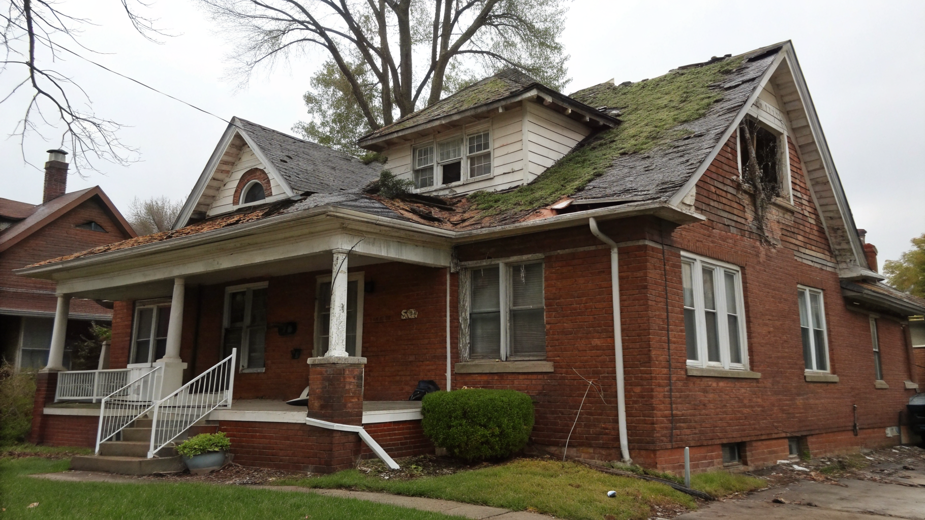 Chicago brick bungalow with severely deteriorated old asphalt shingle roof before replacement