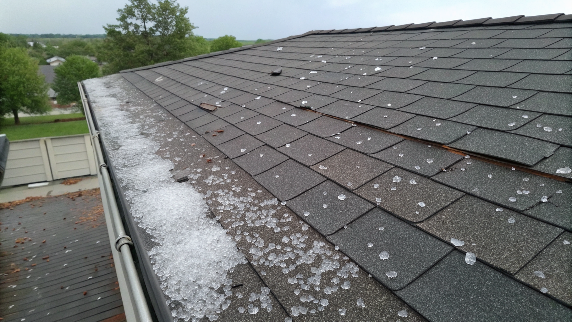 Asphalt shingles with severe hail damage and impact marks