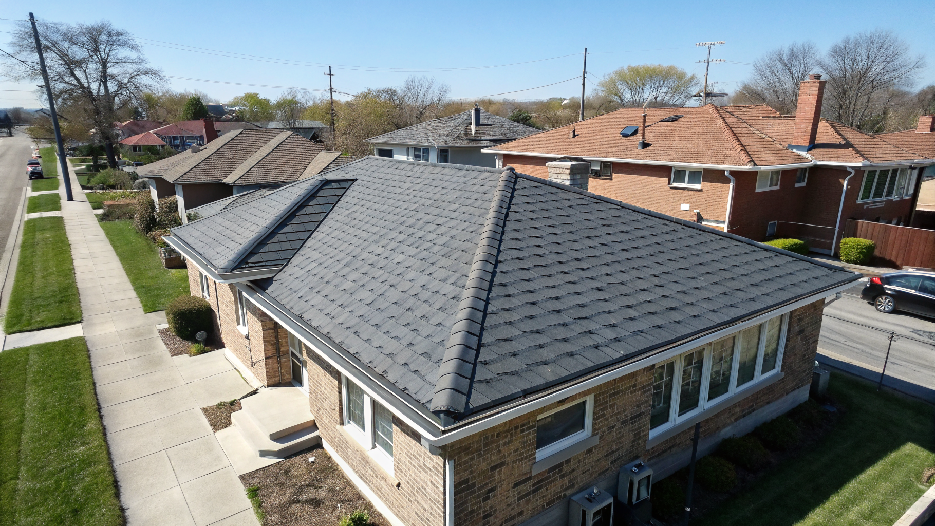 Aerial view of new dimensional architectural asphalt shingle roof on Chicago brick bungalow