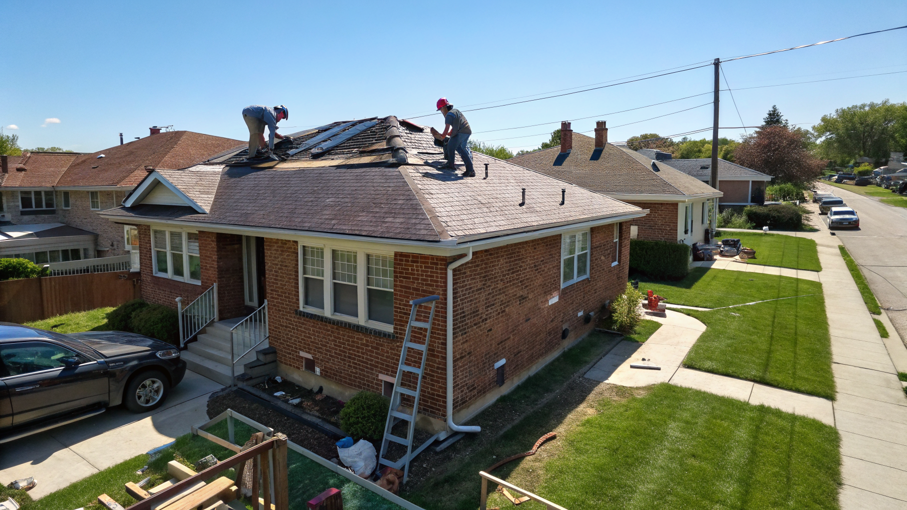 Roofing crew installing new asphalt shingles on a Chicago brick bungalow