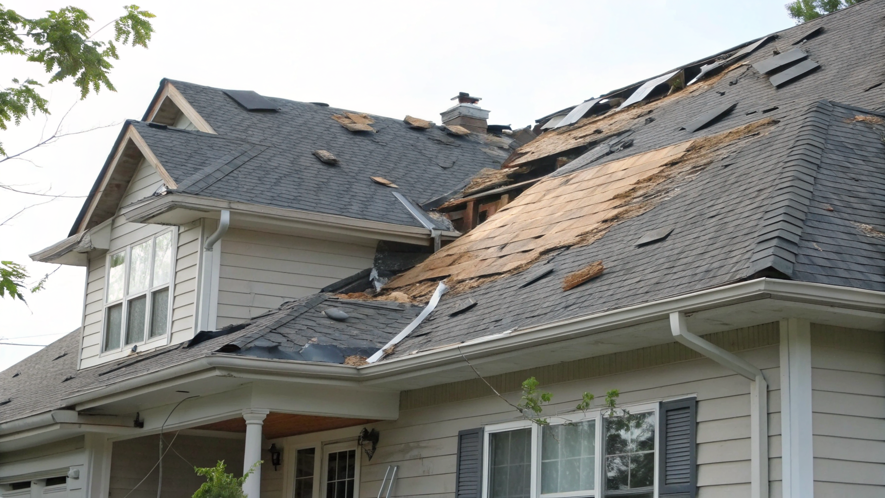 Residential roof with widespread missing shingles and damage requiring replacement