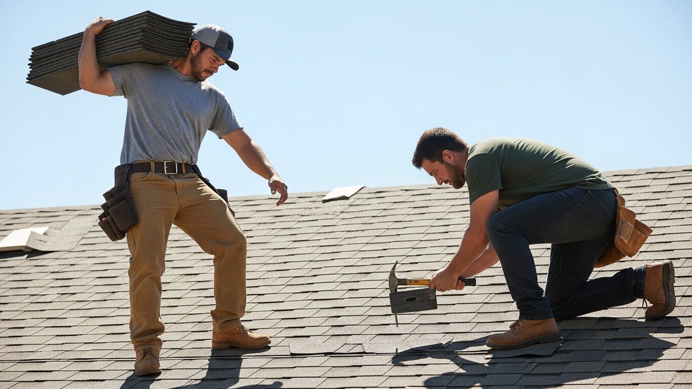 Two roofers on a residential roof, one carrying shingles and one nailing them down