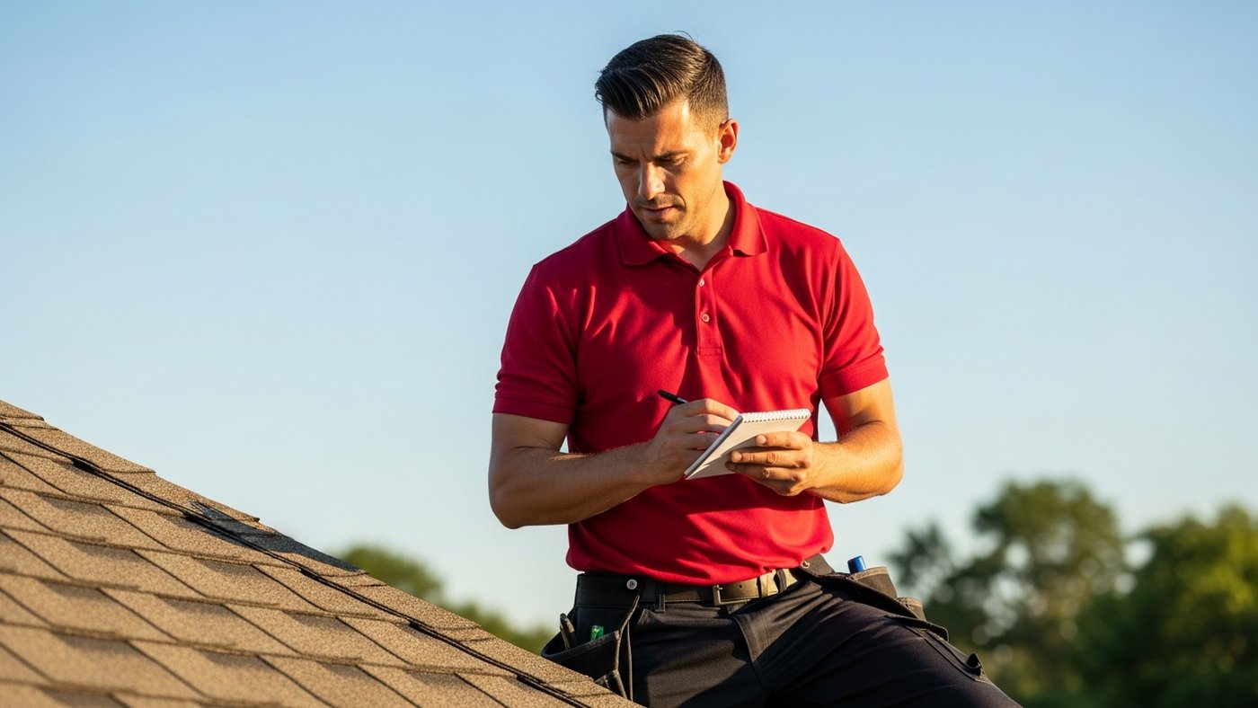 Roofing contractor in red polo standing on roof taking notes during a free inspection