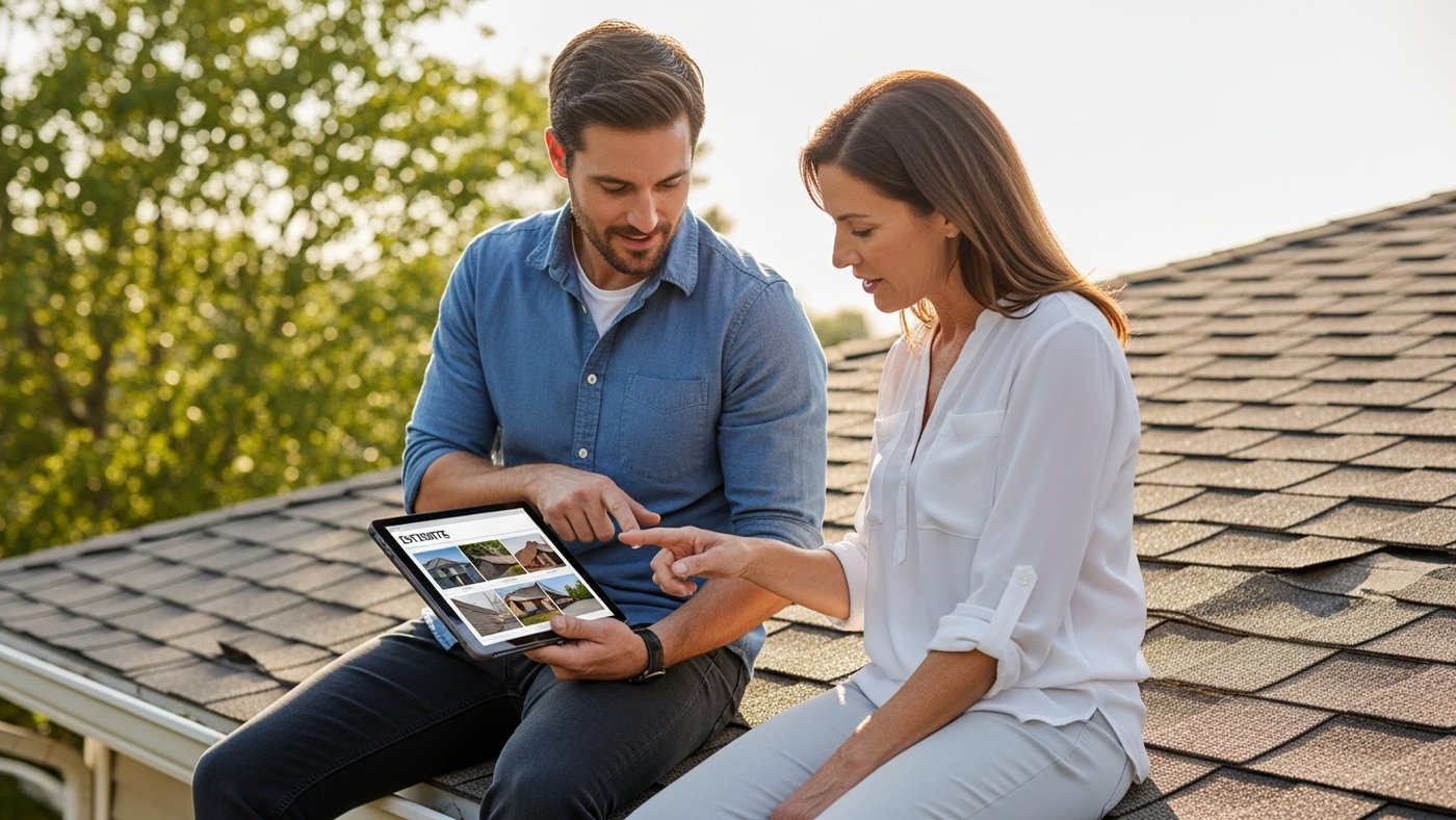 Contractor showing homeowner tablet with roof assessment and estimate on a rooftop