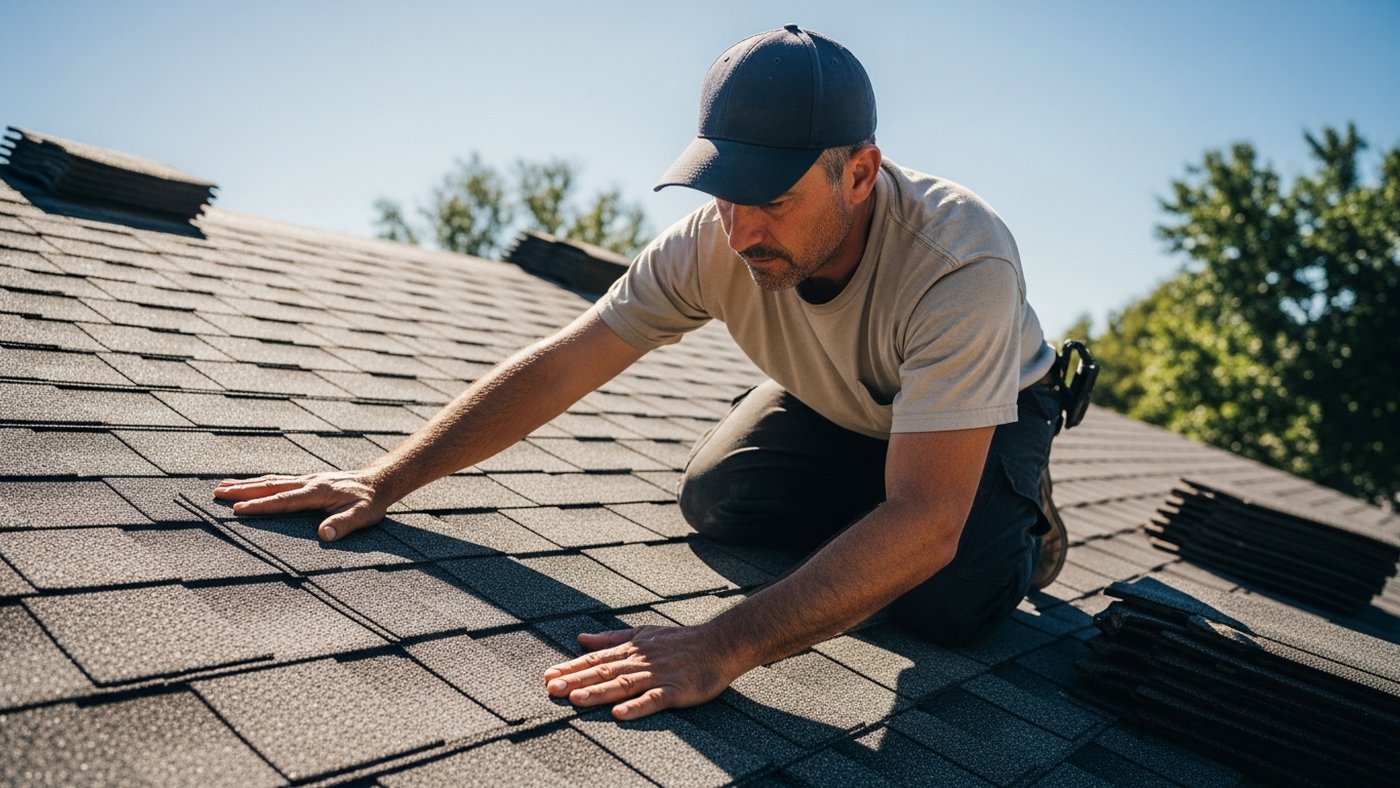 Roofer in baseball cap and tan shirt pressing new shingle into position on a residential roof