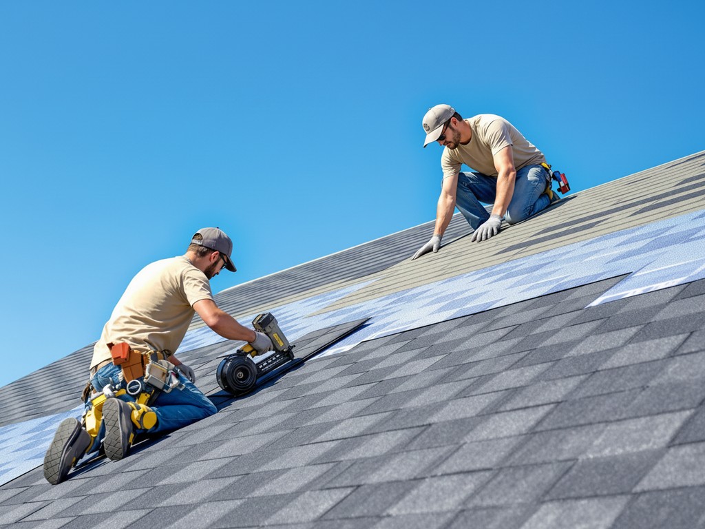 Pegasus roofing crew nailing shingles with a coil nailer on an in-progress roof