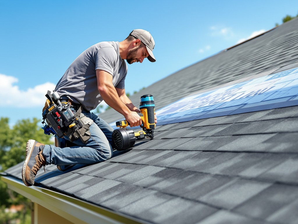 Roofer installing shingles with a coil nailer on an in-progress roof