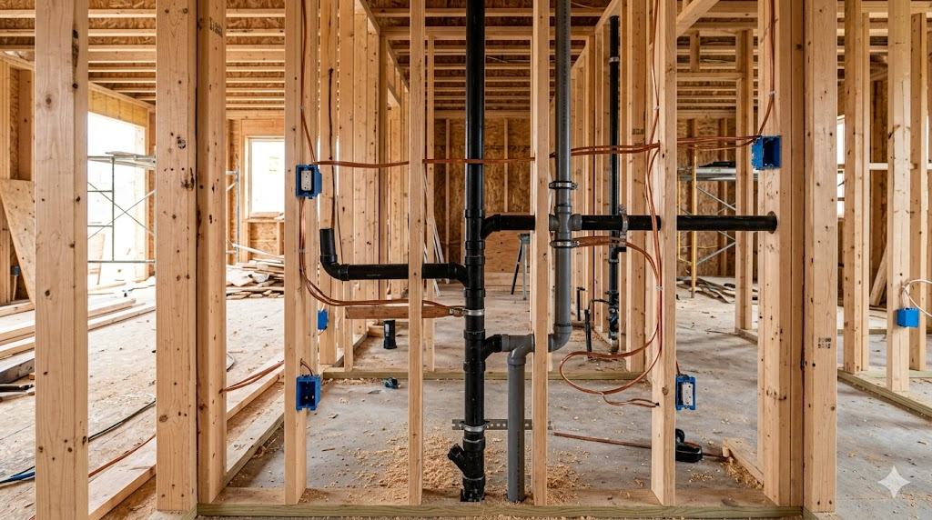 New rough plumbing and electrical inside framed walls