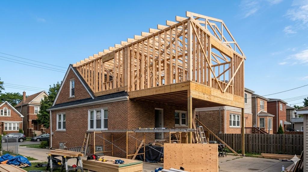 Wood framing of a second-story addition on a Chicago home
