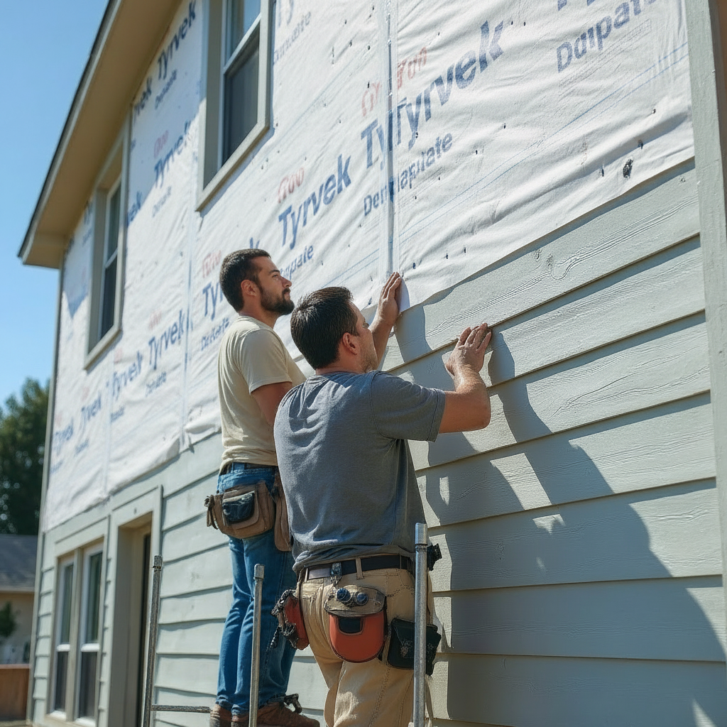 Pegasus Construction crew installing lap siding over house wrap on a Chicago home