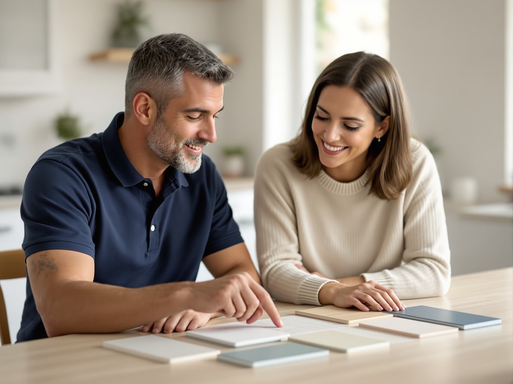 Siding company representative reviewing siding samples with a homeowner at the kitchen table during an in-home consultation