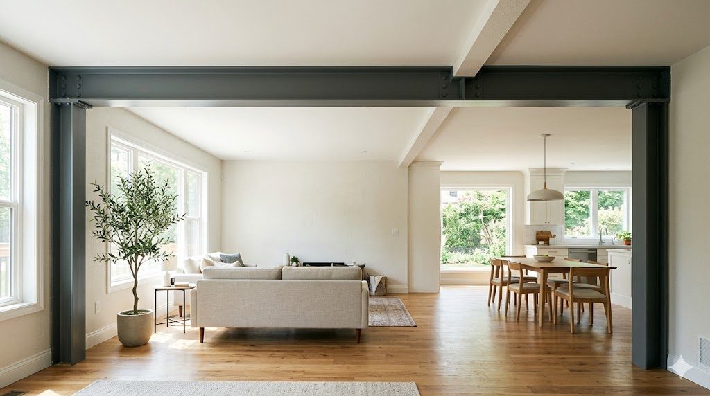 A steel beam installed in a ceiling after removing a wall