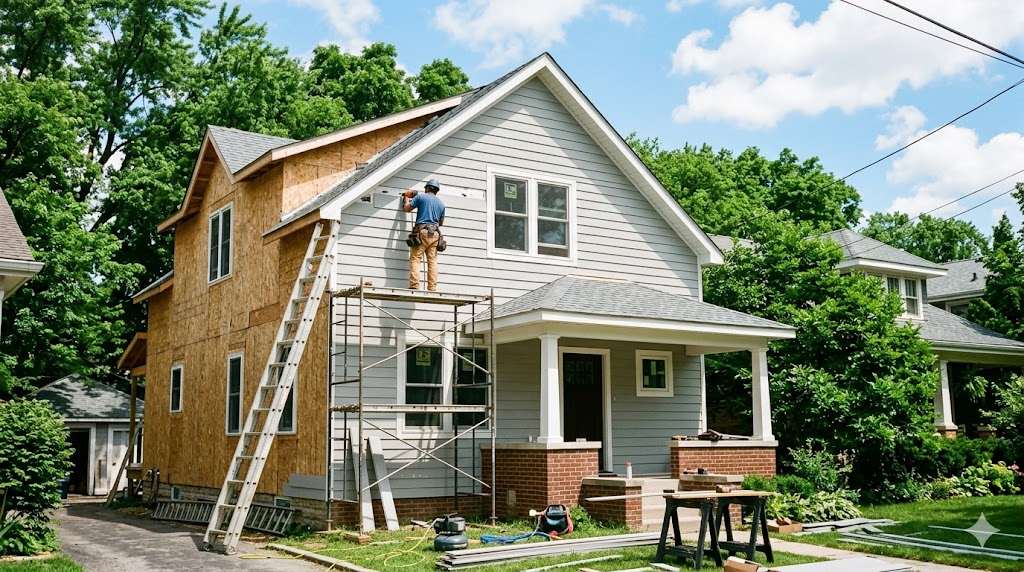 A summer exterior remodel with new siding under blue sky