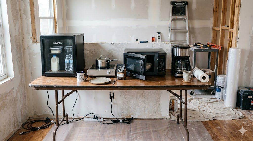 A temporary kitchen with microwave, hot plate and mini-fridge during a remodel
