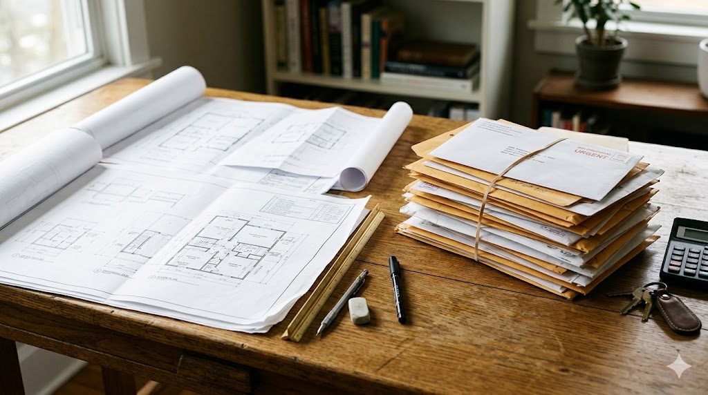 Separate architect drawings and multiple contractor bid envelopes on a table