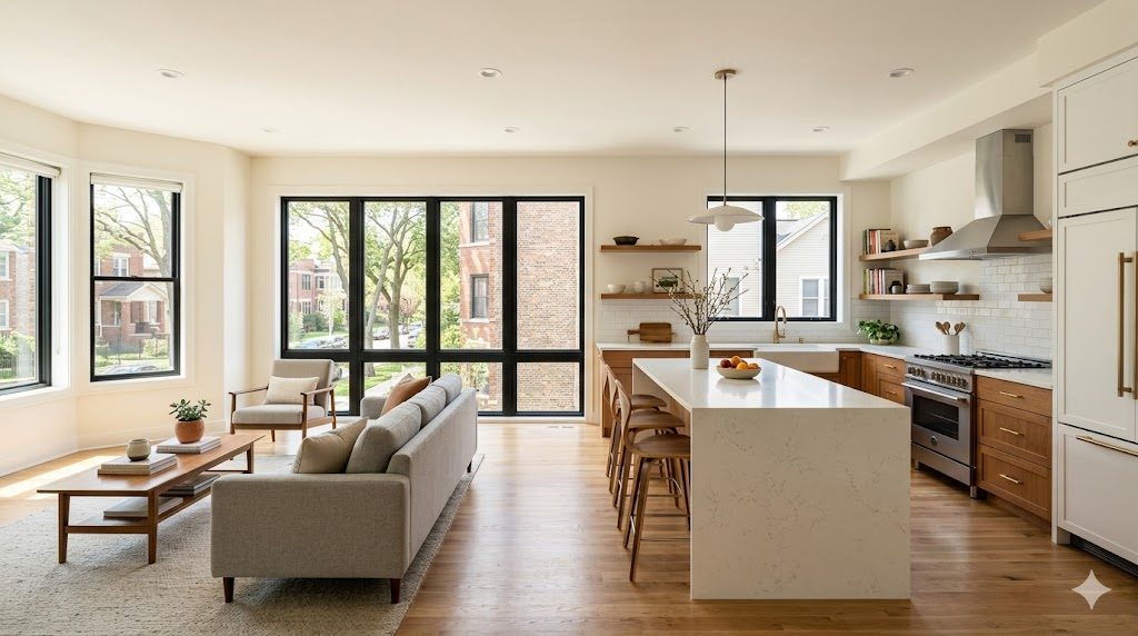 A finished open-concept kitchen and living space in a Chicago two-flat