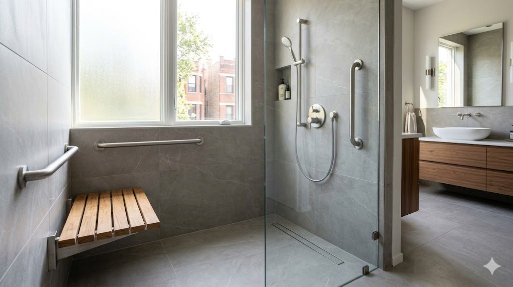 Modern curbless walk-in shower with teak bench and grab bars in a Chicago aging-in-place bathroom