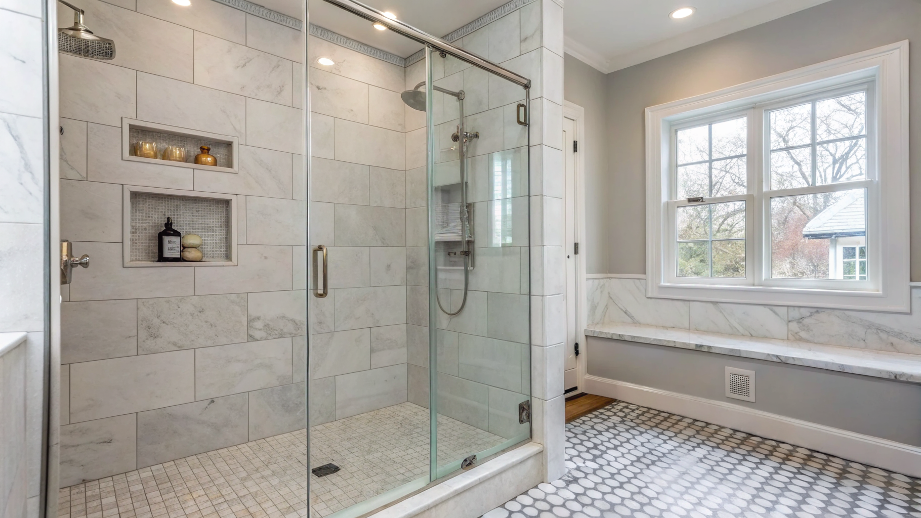 Luxury walk-in shower with marble tile and frameless glass in Chicago home