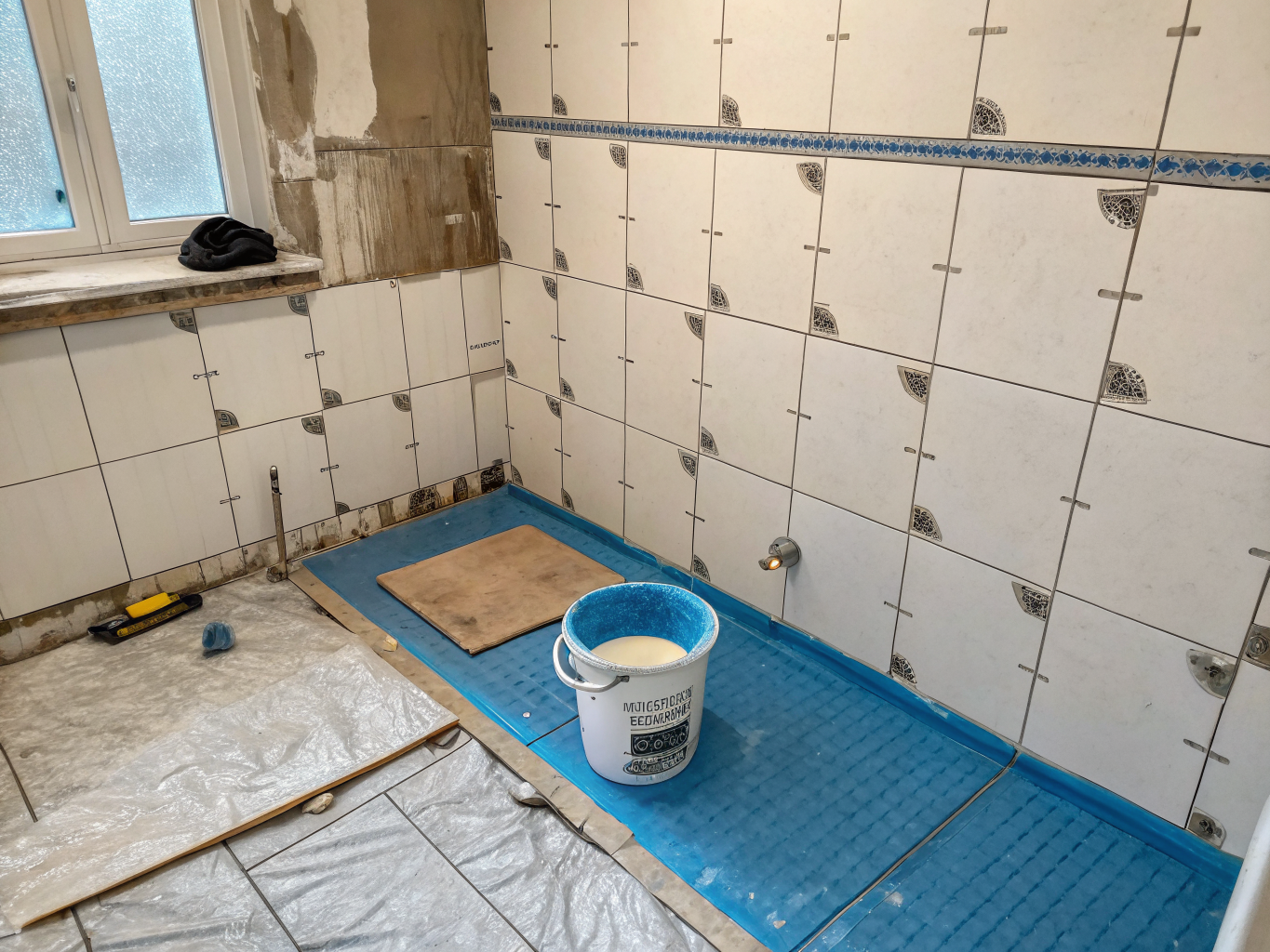 Walk-in shower tile installation in progress showing waterproofing membrane