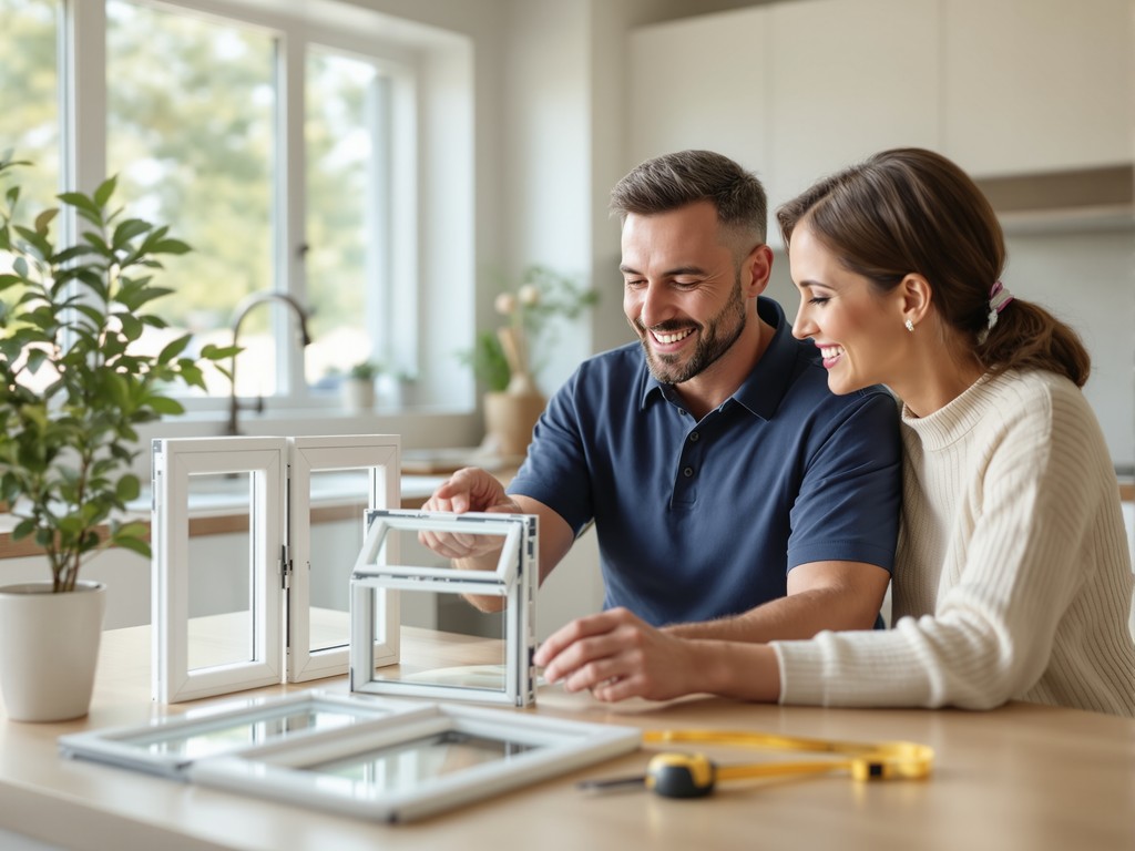 Window professional reviewing window samples with a homeowner