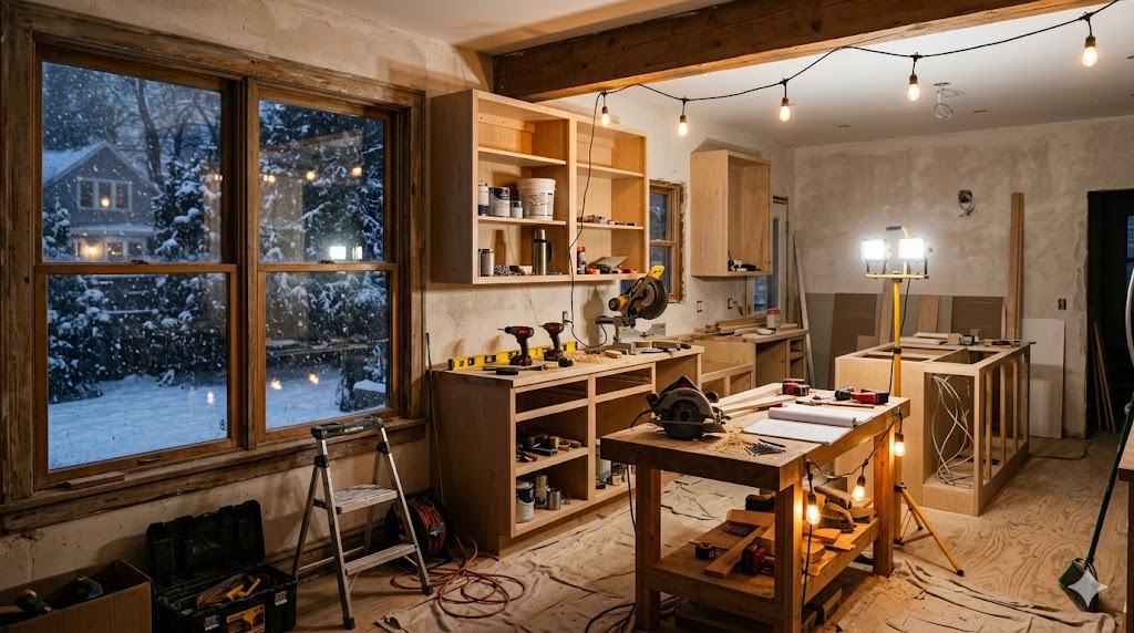 A cozy interior kitchen remodel in winter with snow outside the window